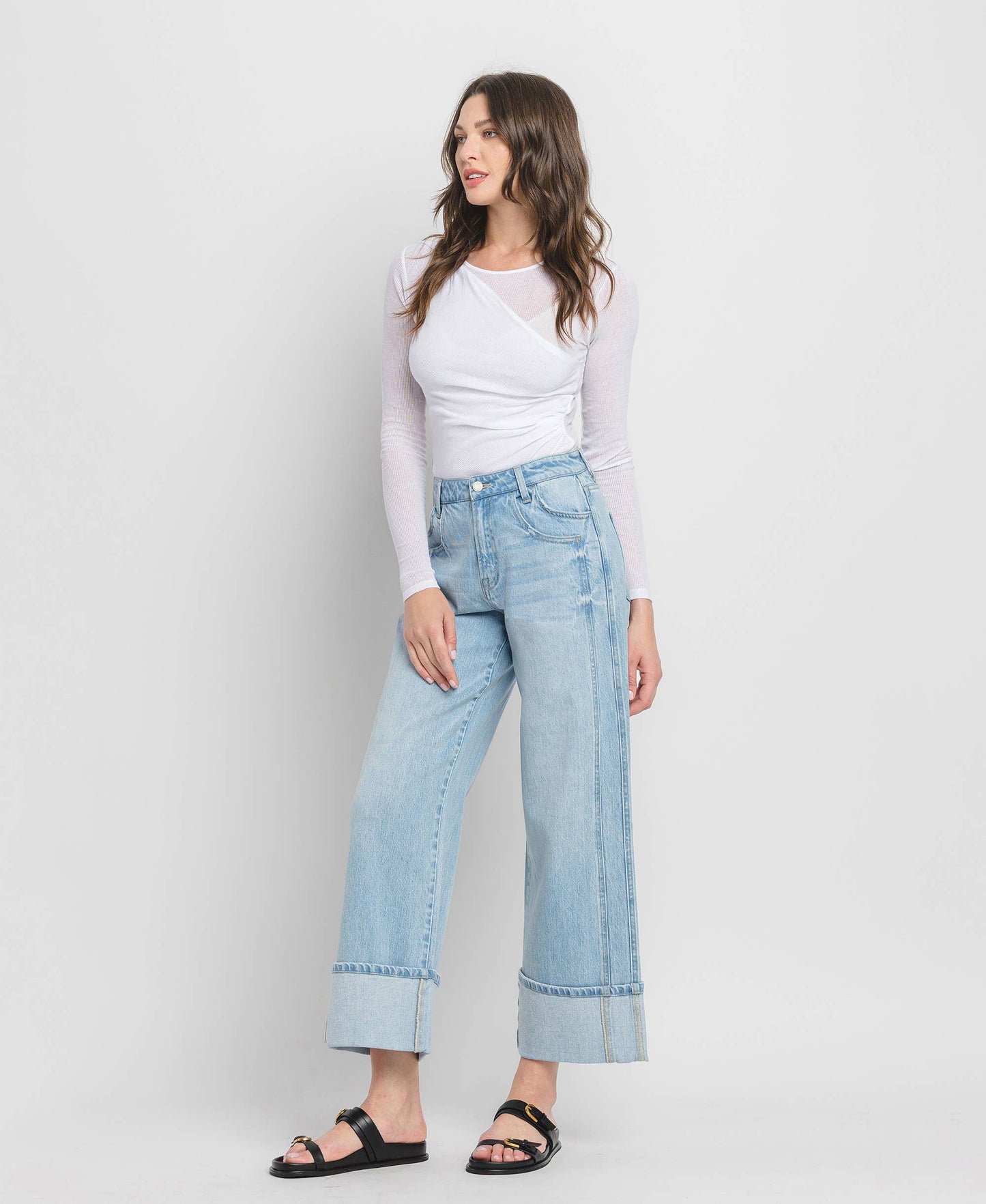 Raising the Bar High Rise Cuffed Relaxed Fit Wide Leg Jeans
