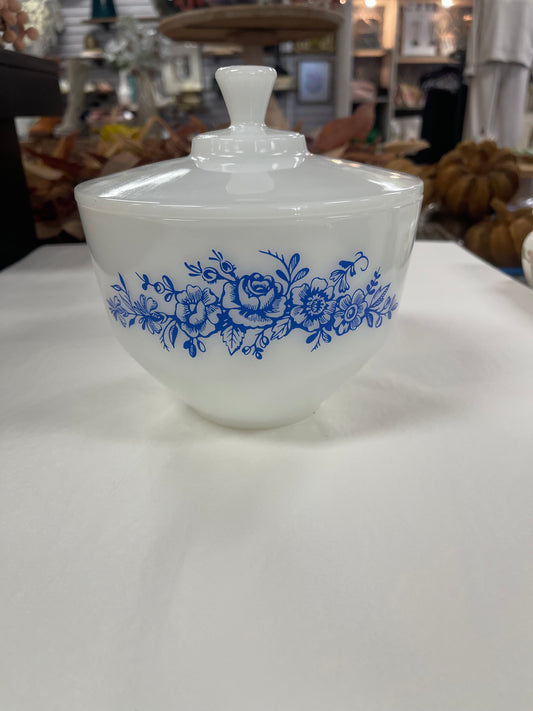 Federal Glass Blue Floral Milk Glass Covered 6.5" Bowl