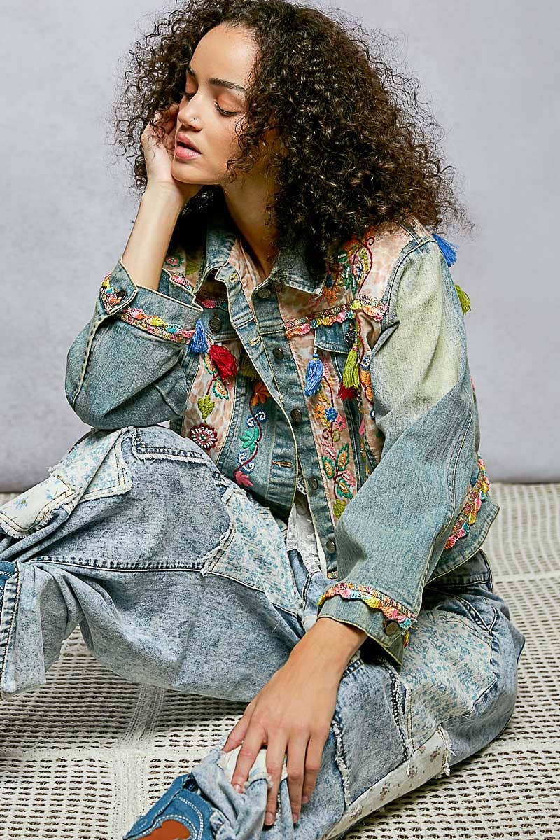 Floral Embroidery Lace Trim Tassel Denim Jacket