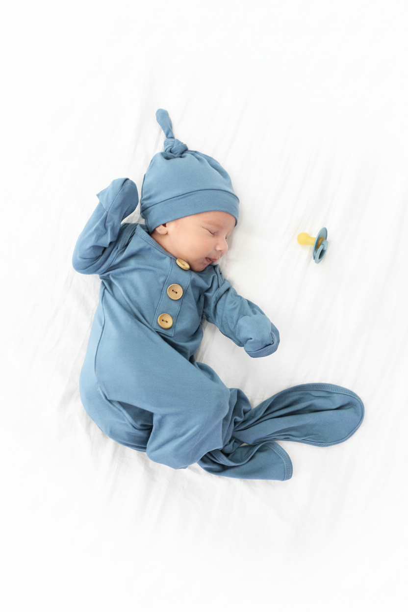 Bamboo Baby Knot Gown & Hat | Solid Dusty Blue