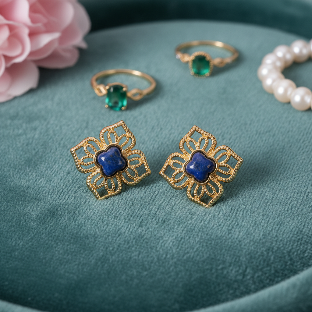 Vintage 18K Gold Plated Natural Lapis Lazuli Clover Earrings