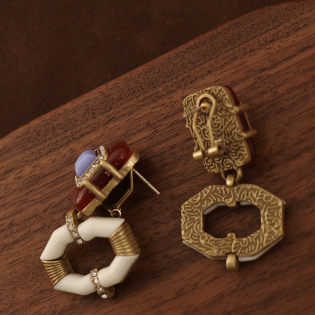 Vintage Gold-Plated Purple Stone & Enamel Dangle Earrings