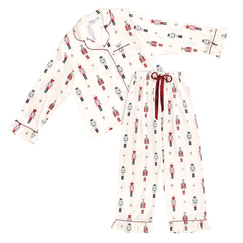 Ruffled PJ Set with Velvet Tie - Ivory + Nutcrackers