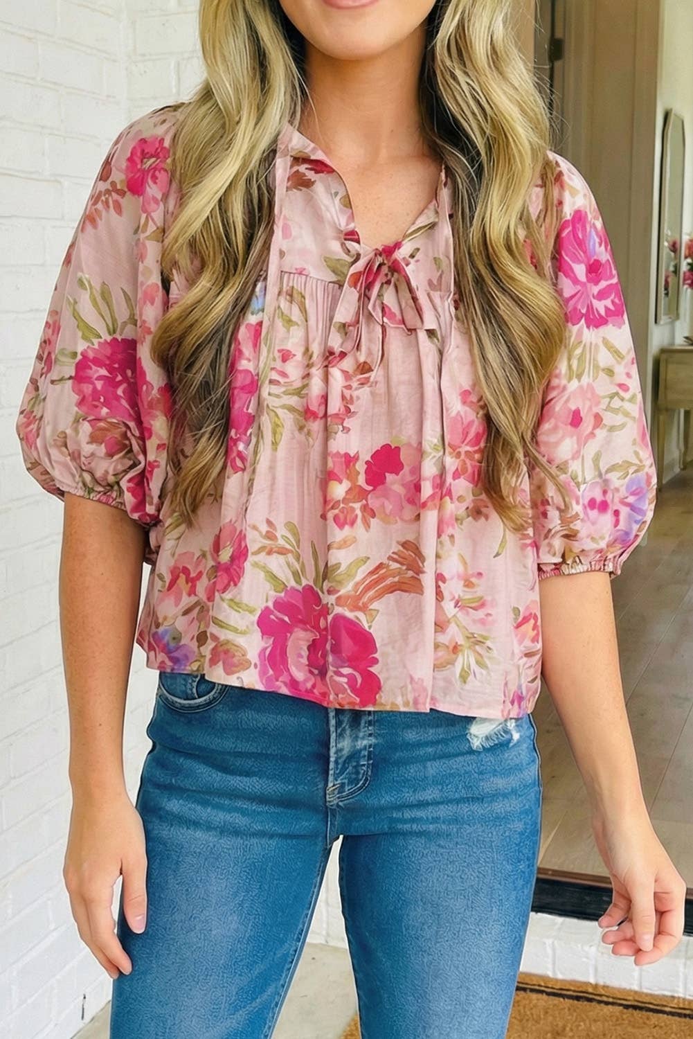 LAS Floral Print Tie Neck Puffy Blouse (S-4X)
