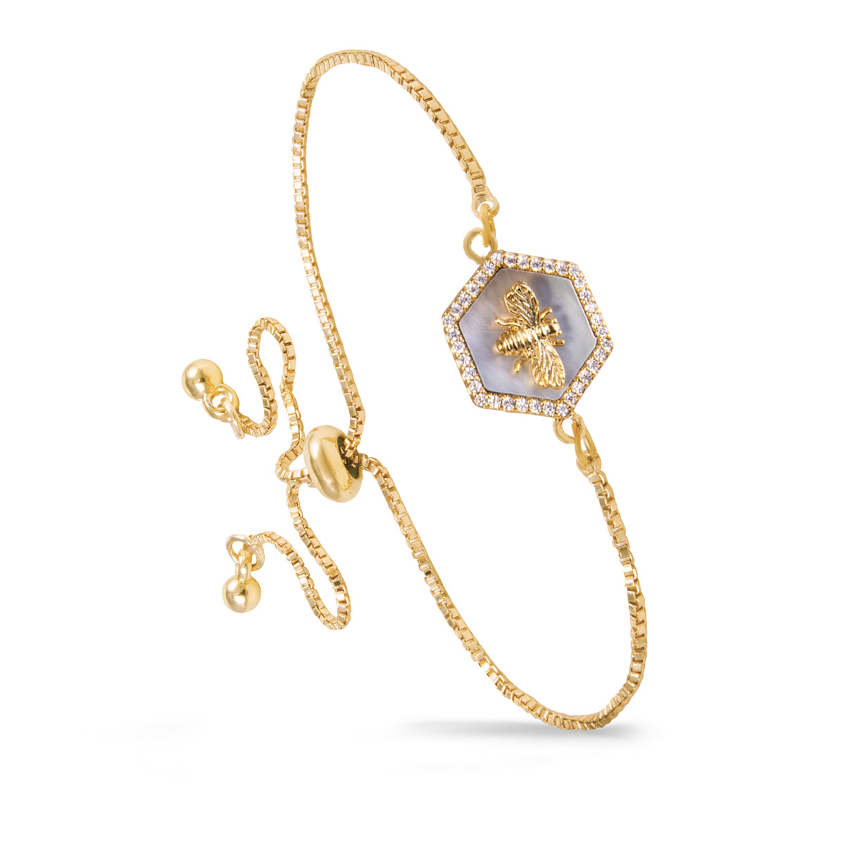 Gold Hexagon Grey Mother of Pearl and CZ with Bee Pull Cord Bracelet