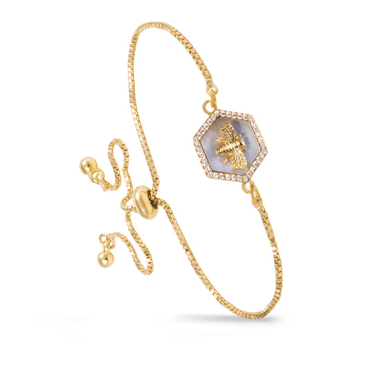 Gold Hexagon Grey Mother of Pearl and CZ with Bee Pull Cord Bracelet