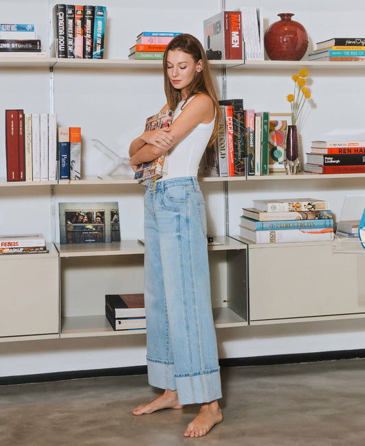 Raising the Bar High Rise Cuffed Relaxed Fit Wide Leg Jeans