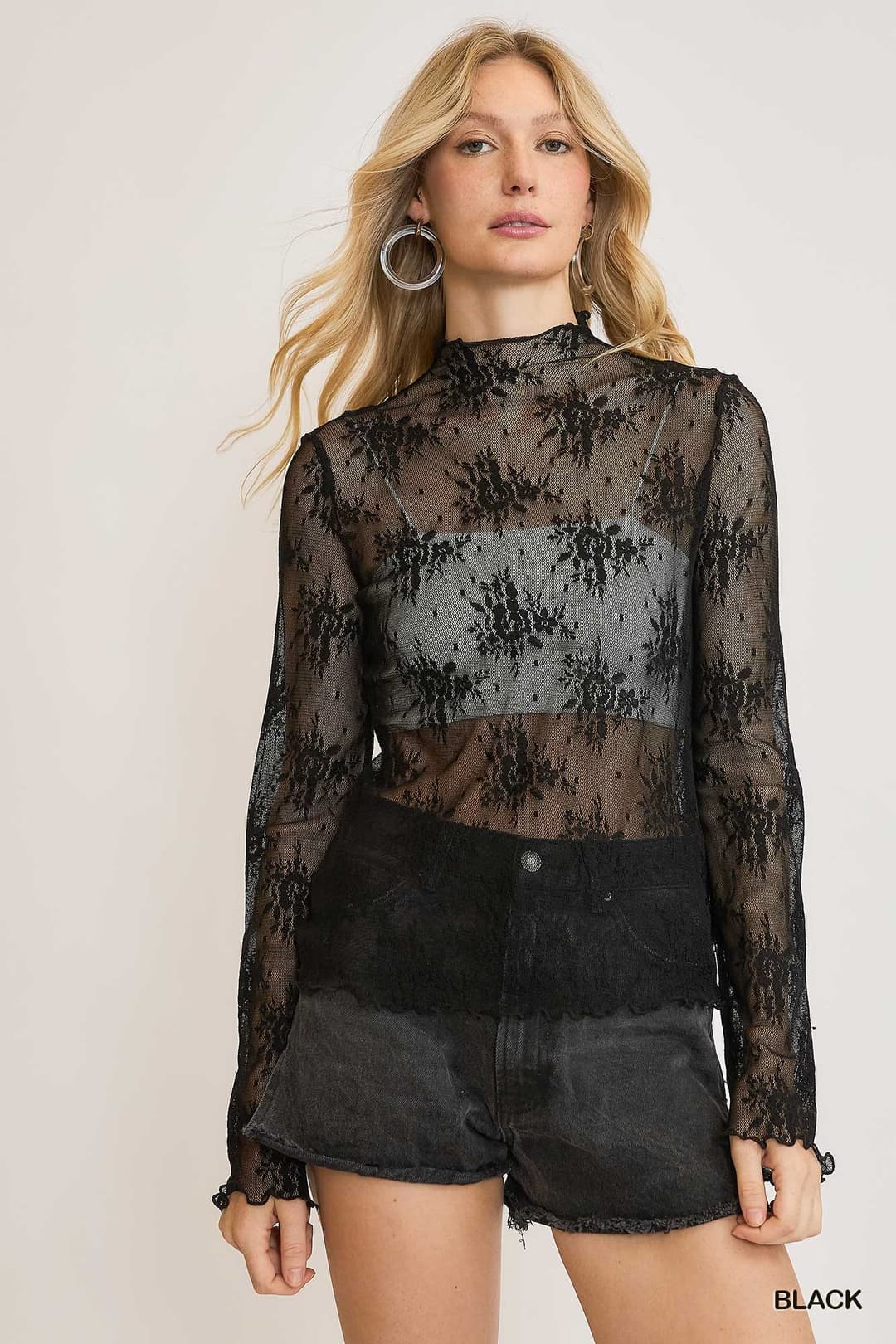 Lace Sheer Long Sleeve Layering Top (Small to Large)