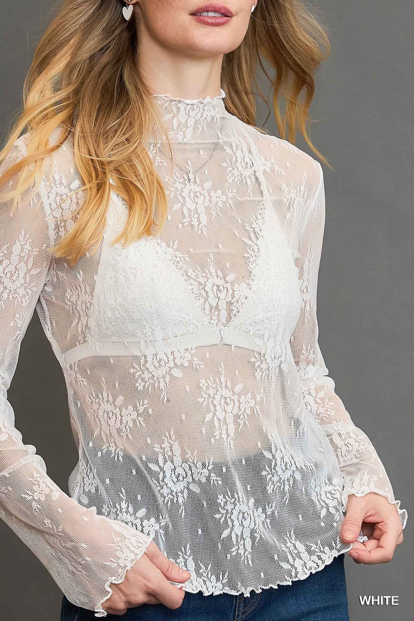 Lace Sheer Long Sleeve Layering Top (Small to Large)