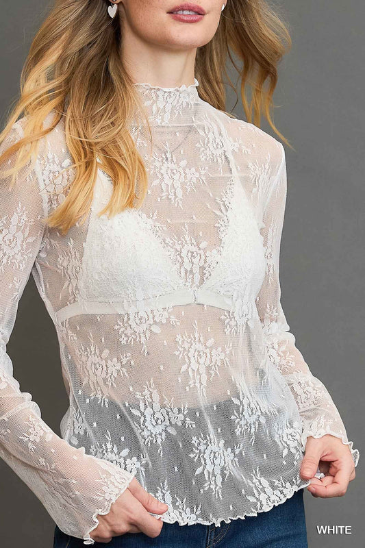 Lace Sheer Long Sleeve Layering Top (Small to Large)