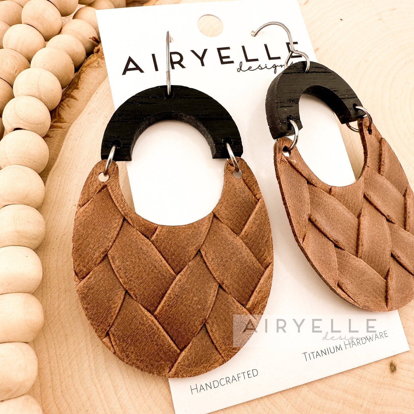 Box Braid Cowhide Leather + Black Wood Boho Scoop Earrings