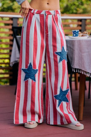 4TH OF JULY RED STRIPE TWILL DENIM STAR WIDE PANTS – AllyOops Boutique