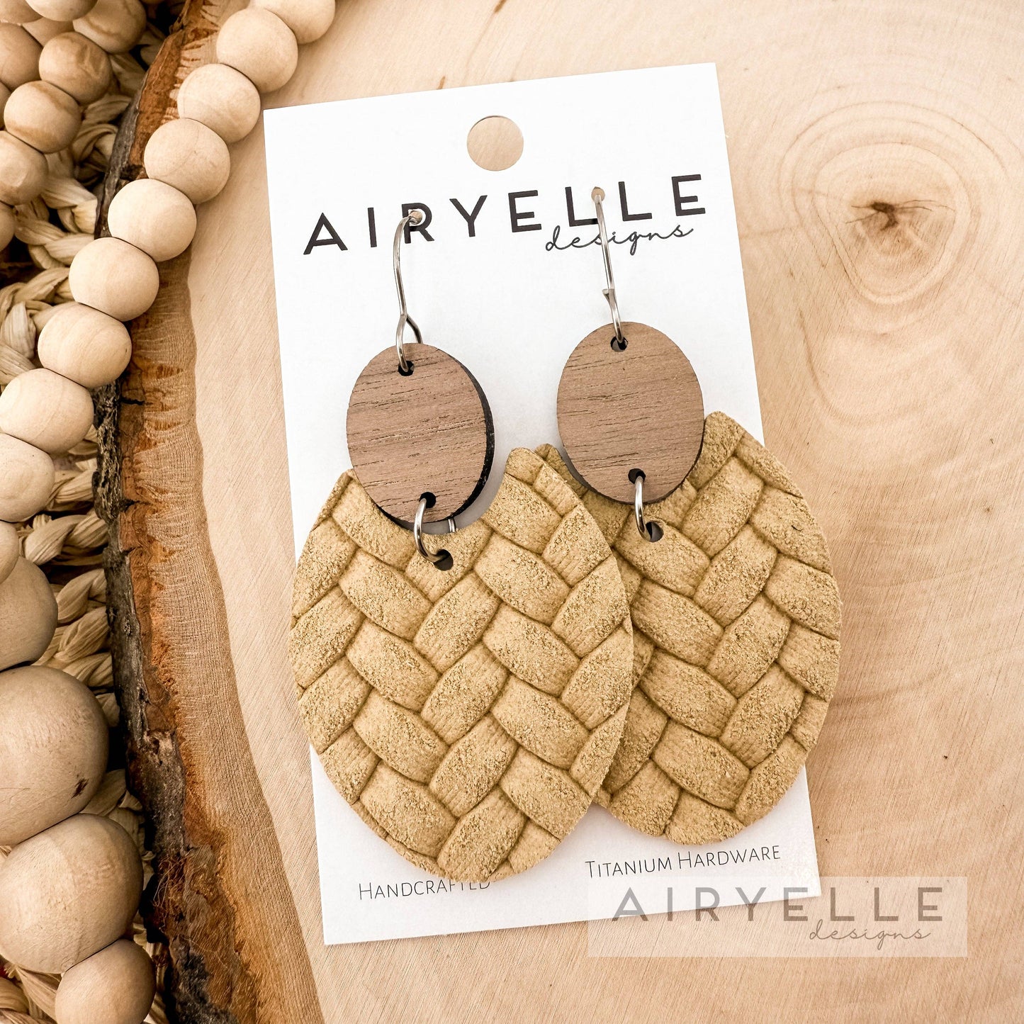 Tan Box Braid Wood + Leather Scoop Earrings