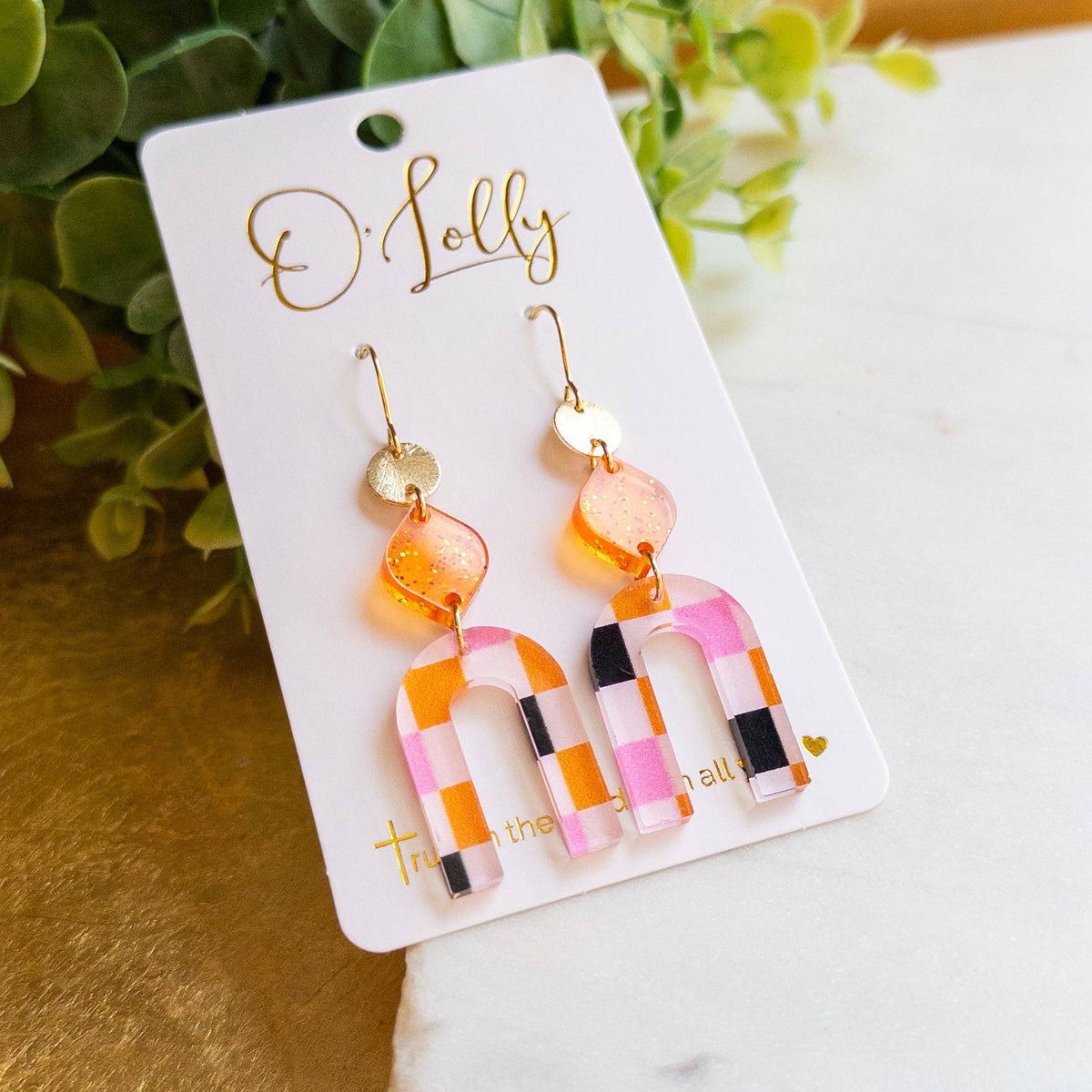 Halloween Gold, Orange & Pink Plaid Arch Earrings “Marlowe”