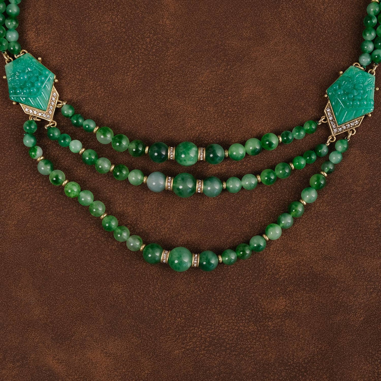 Vintage 18K Gold-Plated Carved Green Gemstone Necklace