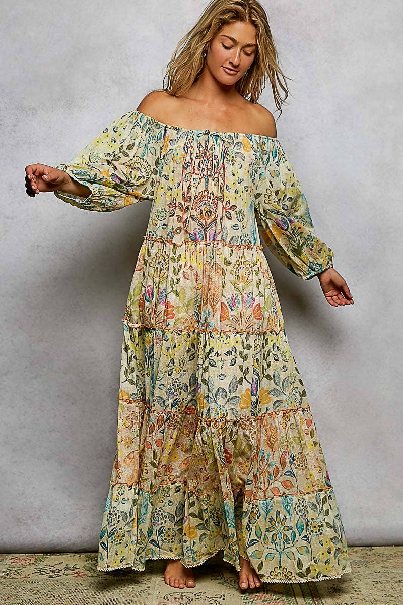 Long Sleeve Shirred Neckline Maxi Length Woven Printed Dress