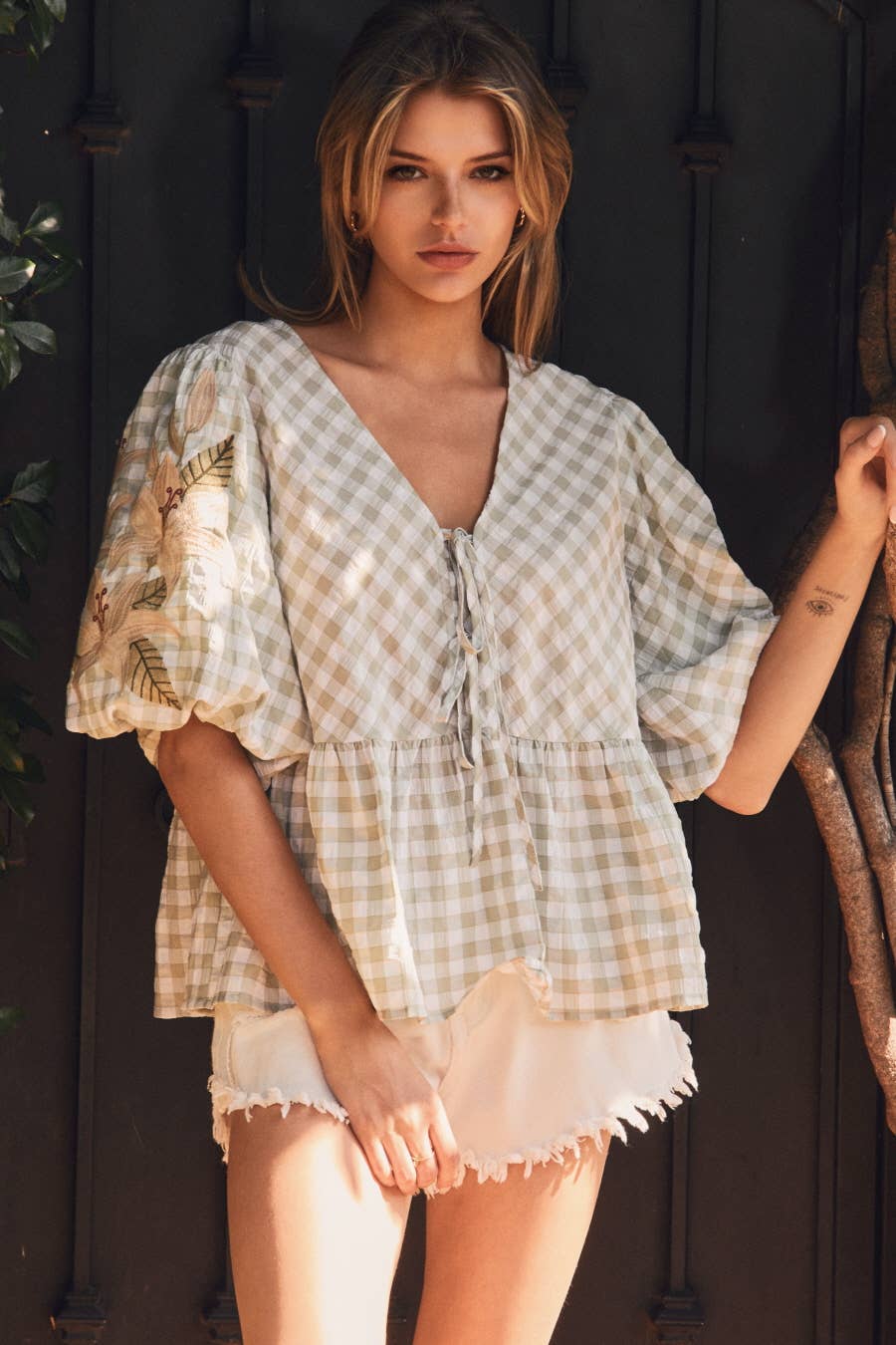 Spring Embroidery Bouquets Gingham Blouse (Small to Large)