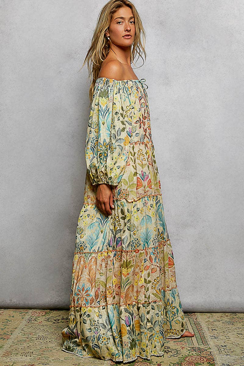 Long Sleeve Shirred Neckline Maxi Length Woven Printed Dress