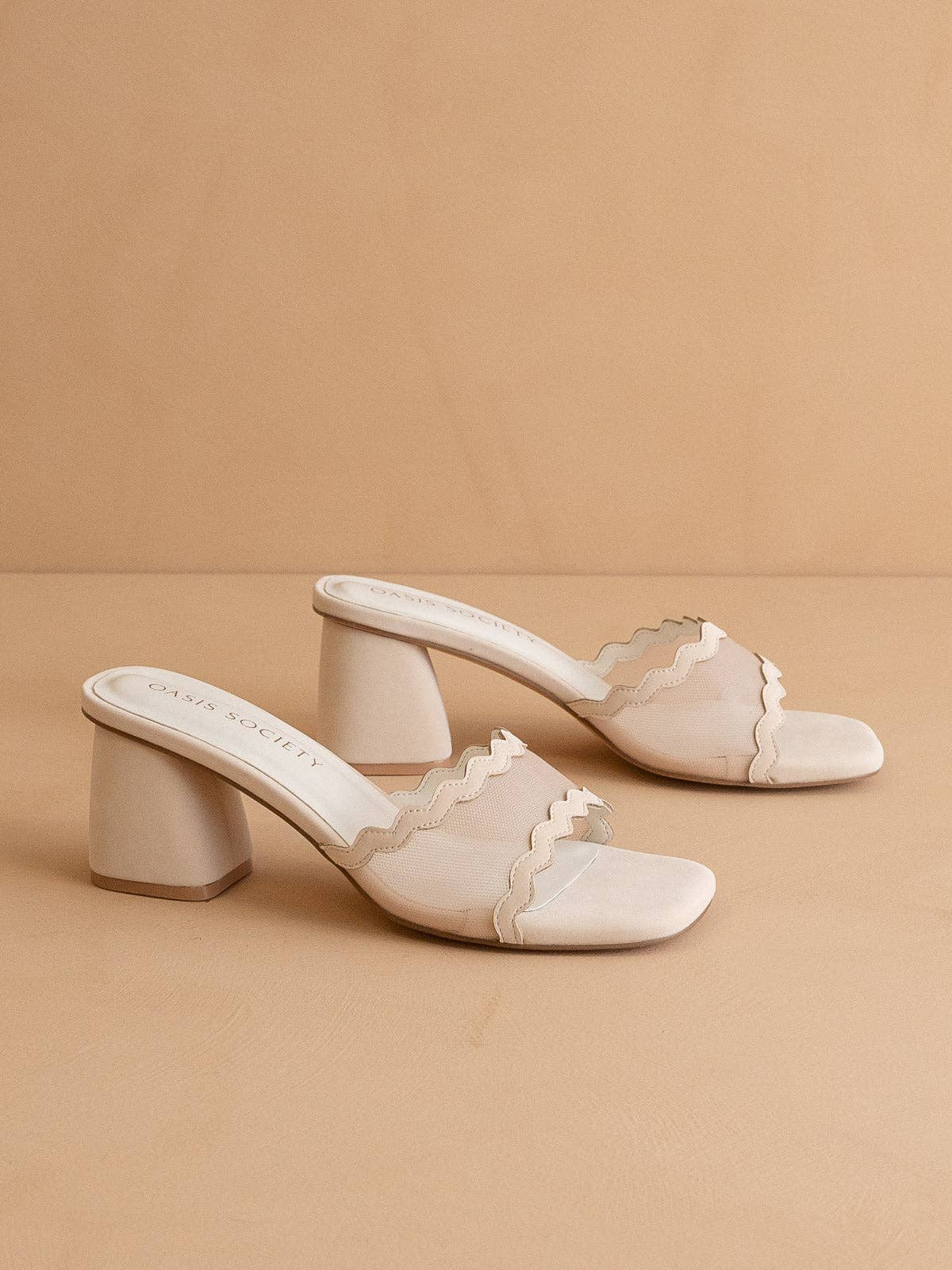 The Trina | Beige Scalloped Mesh Block Heel