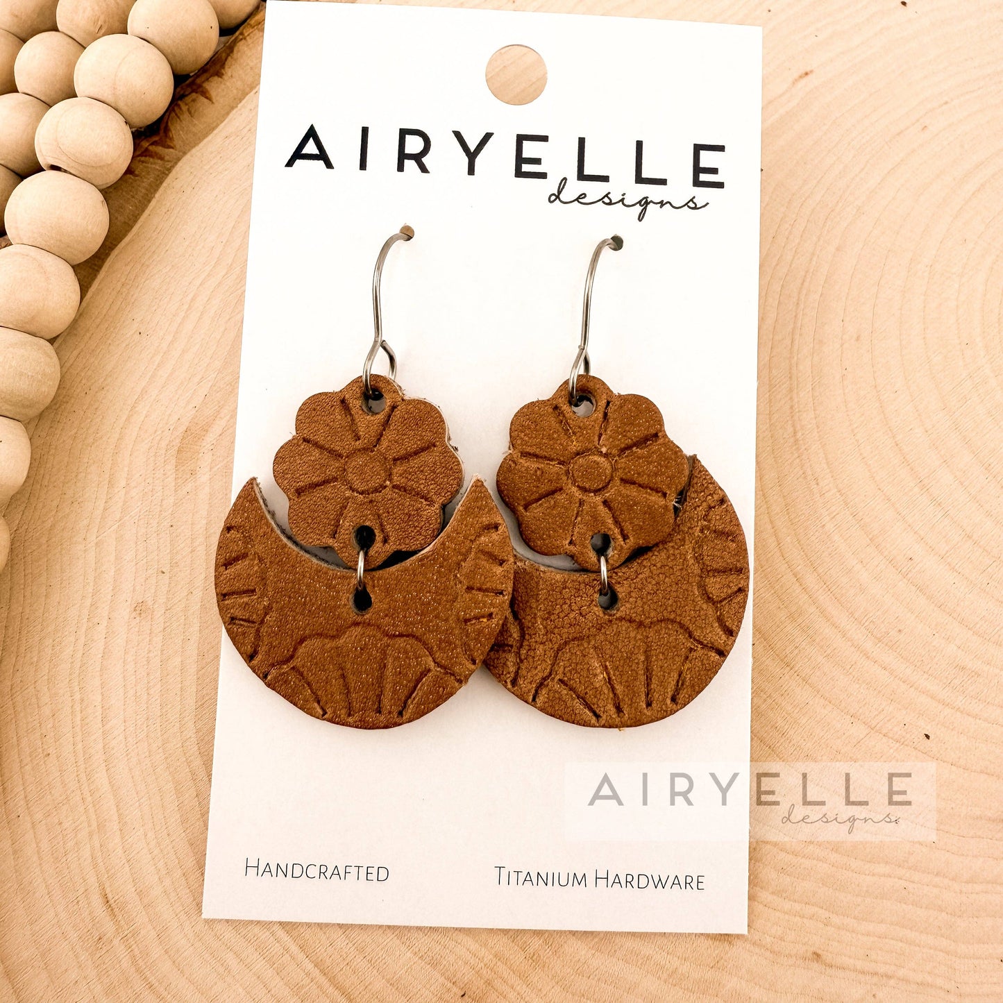 Tooled Floral Camel Brown Leather Earrings