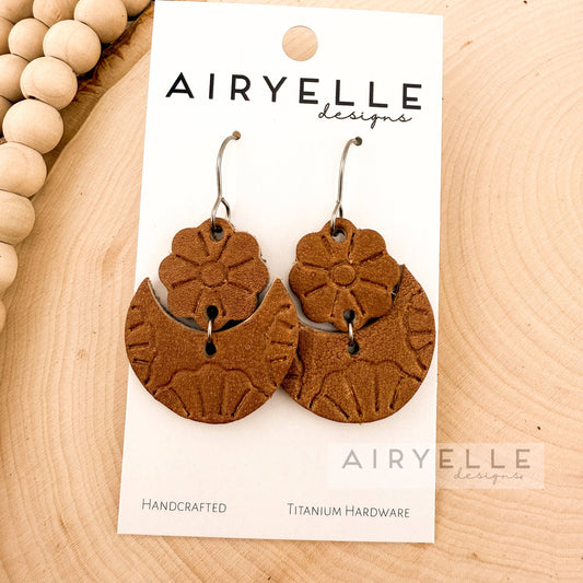 Tooled Floral Camel Brown Leather Earrings