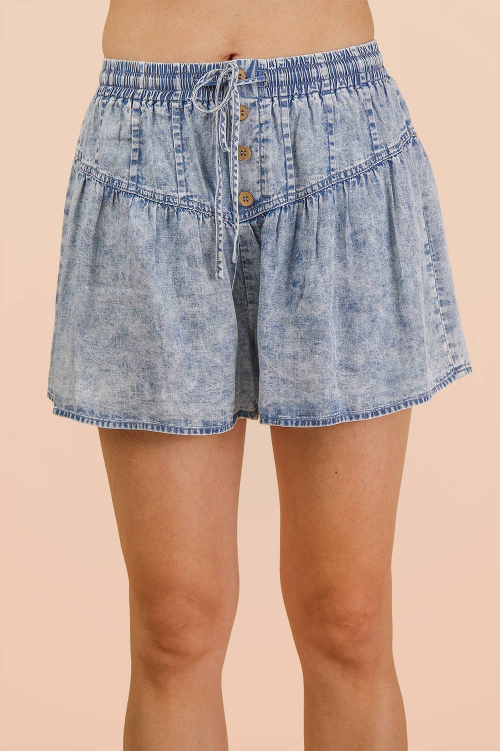 Westbound Washed Chambray Button Down Flare Shorts
