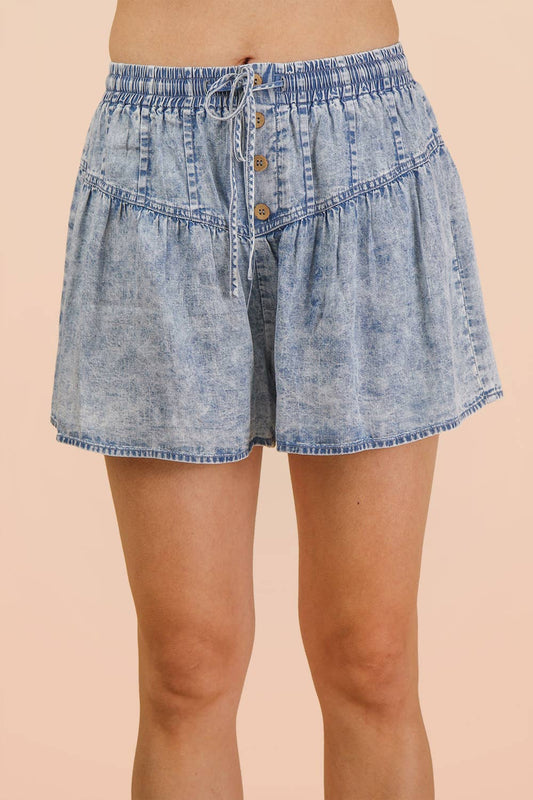 Westbound Washed Chambray Button Down Flare Shorts