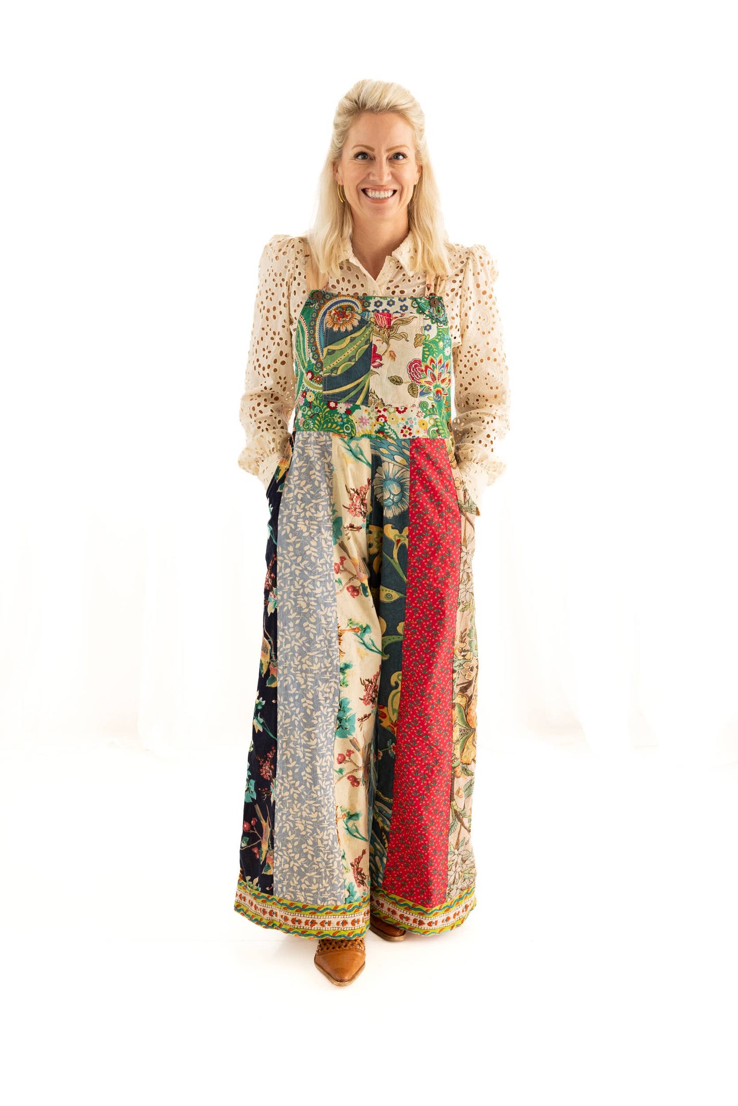 Botanical Motif Patchwork Printed Overalls