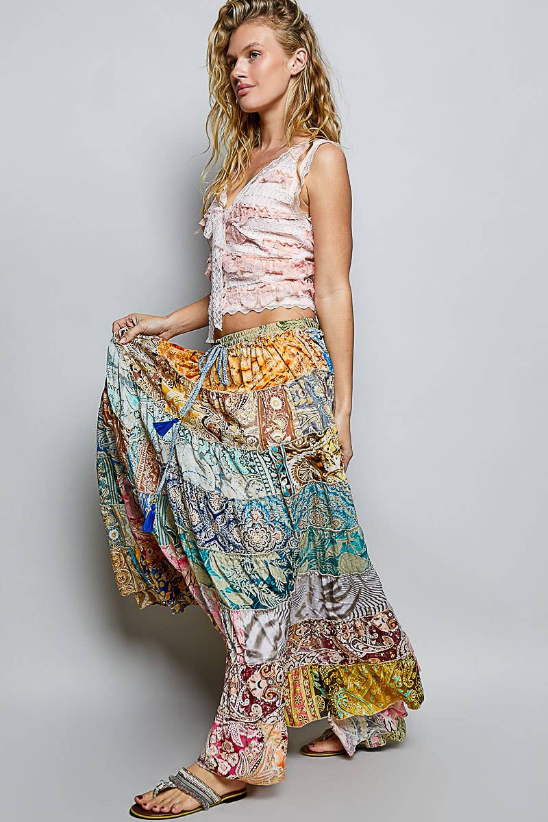 Assorted Print Boho Ruffle Wide Flare Skirt