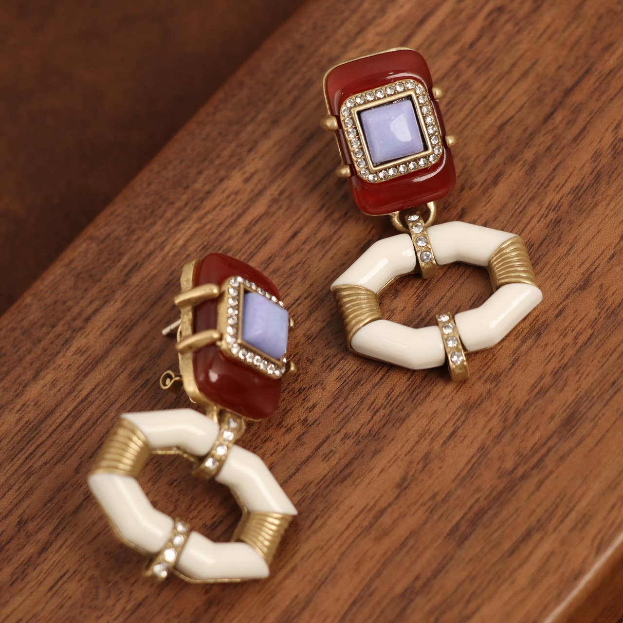 Vintage Gold-Plated Purple Stone & Enamel Dangle Earrings