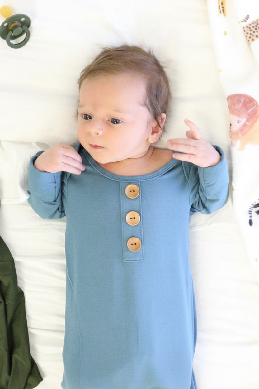Bamboo Baby Knot Gown & Hat | Solid Dusty Blue