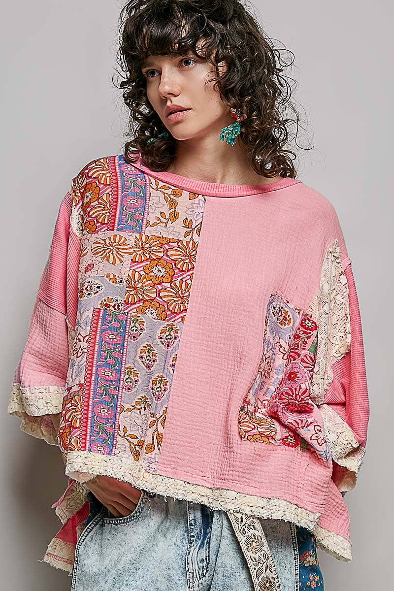 Round Neck Double Gauze Floral Woven Top