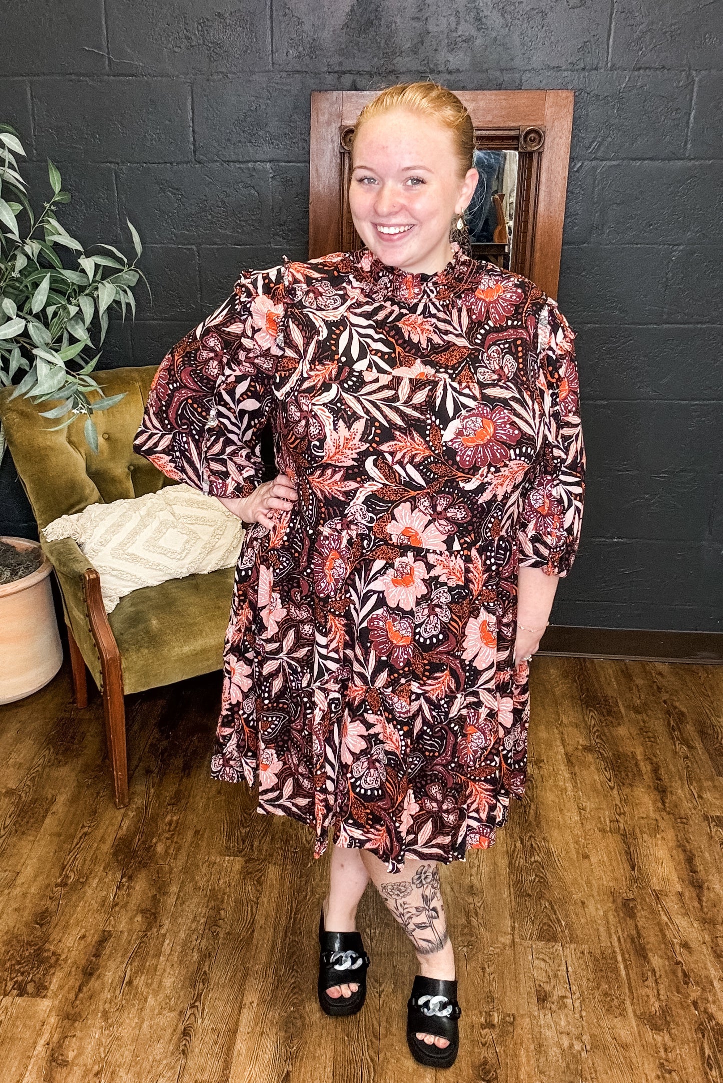 Rumors Plus Size Boho Print Long Sleeve Dress with Ruffle (1XL to 3XL)