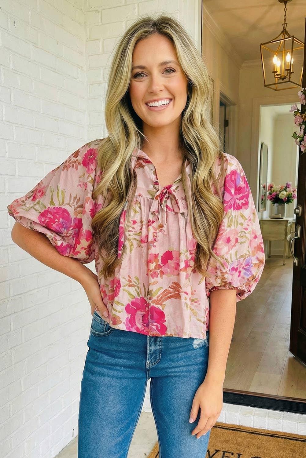 LAS Floral Print Tie Neck Puffy Blouse (S-4X)