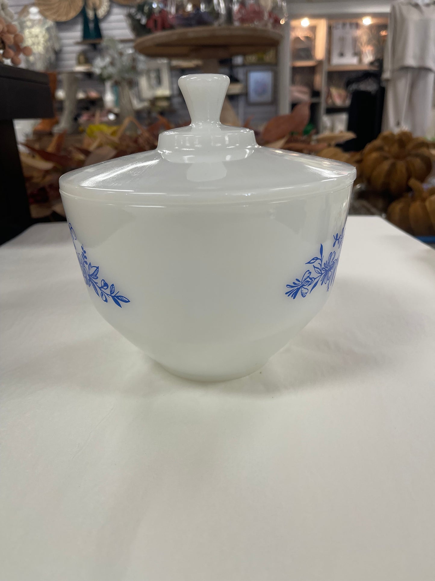 Federal Glass Blue Floral Milk Glass Covered 6.5" Bowl