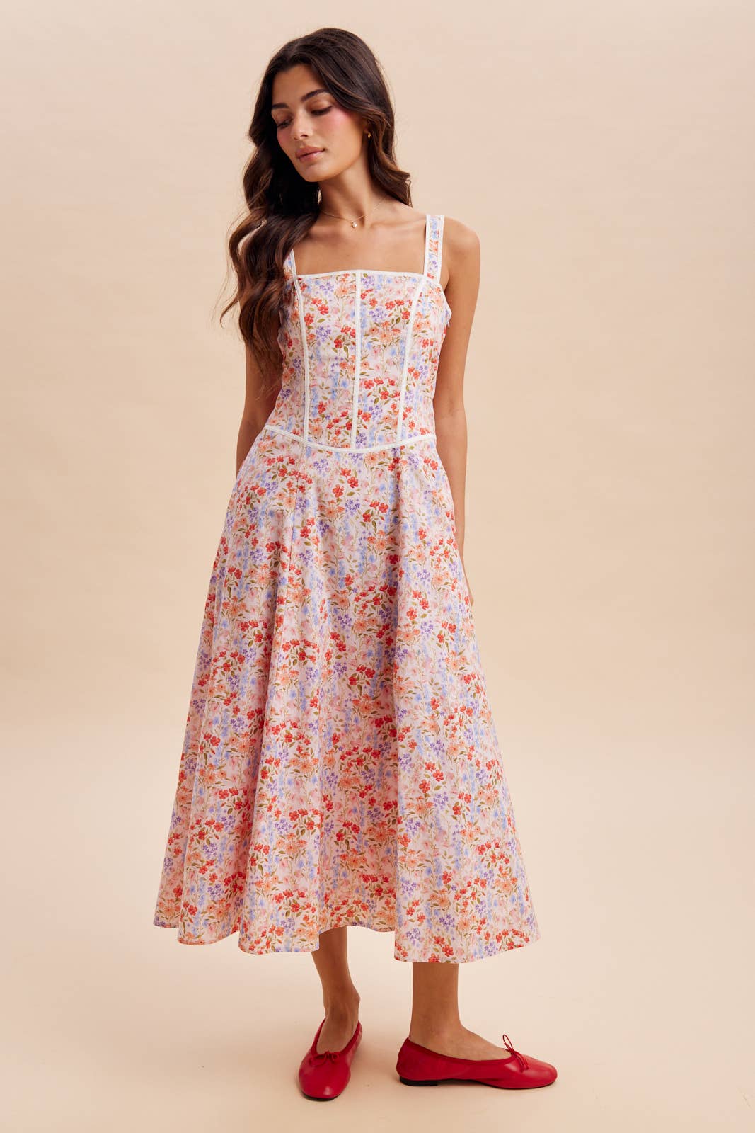 CONTRAST PIPED FLORAL MAXI DRESS