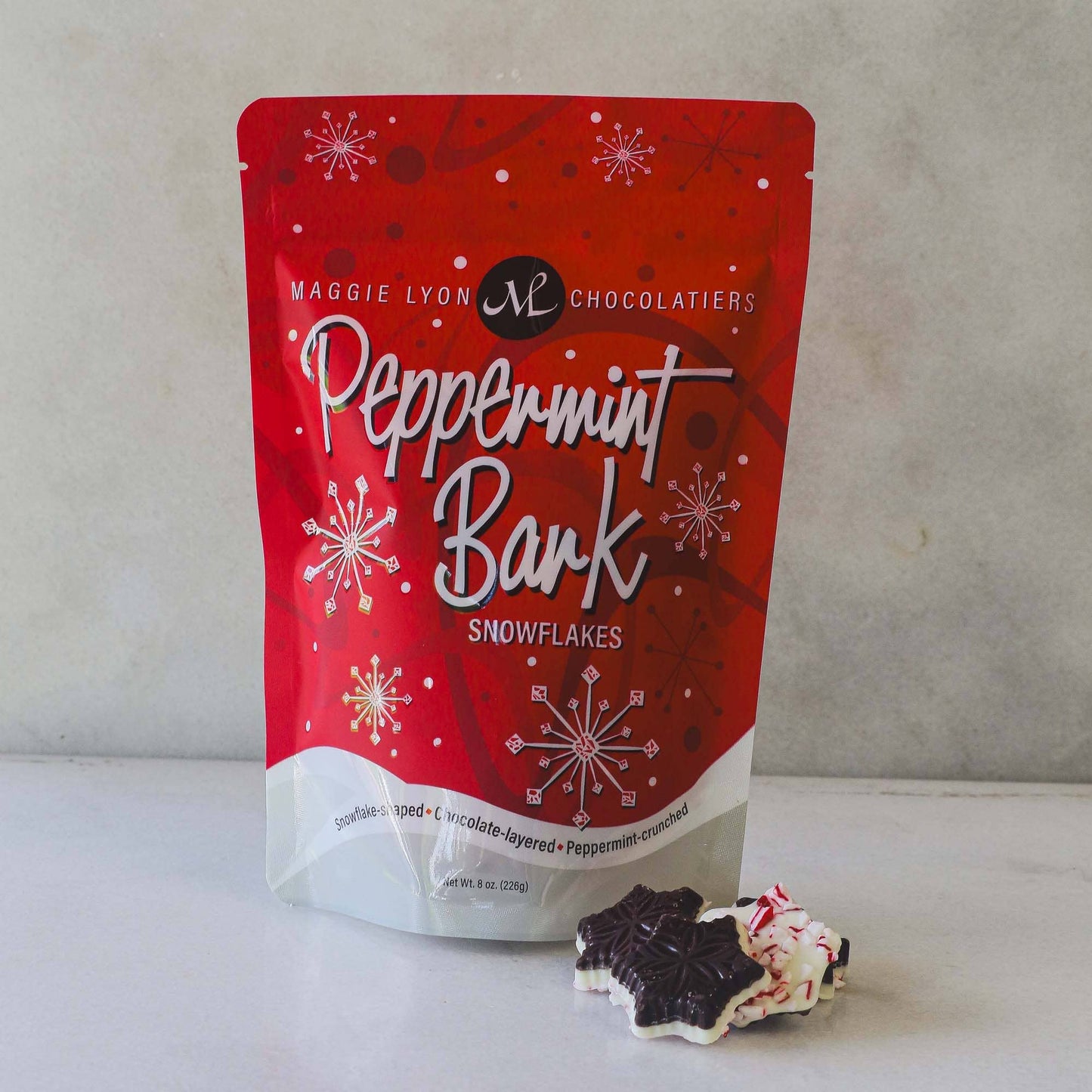 8oz Dark and White Choclate Peppermint Bark Snowflakes