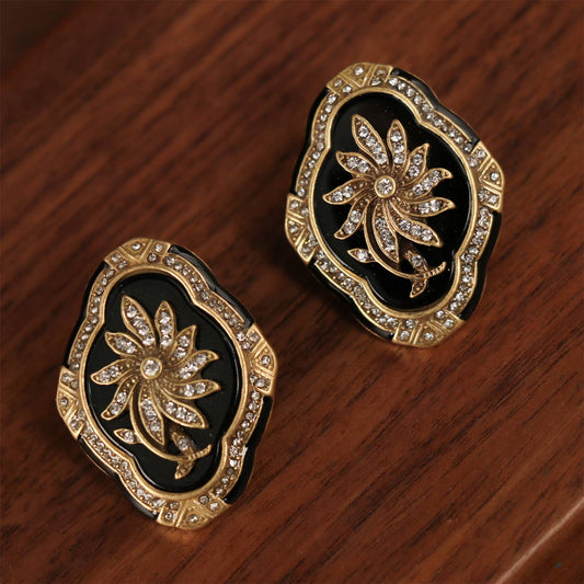 Vintage Enamel Black and Gold Floral Earrings with Crystal