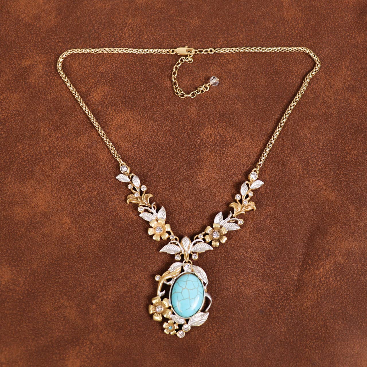 Vintage 18K Gold Plated Turquoise Floral Pendant Necklace