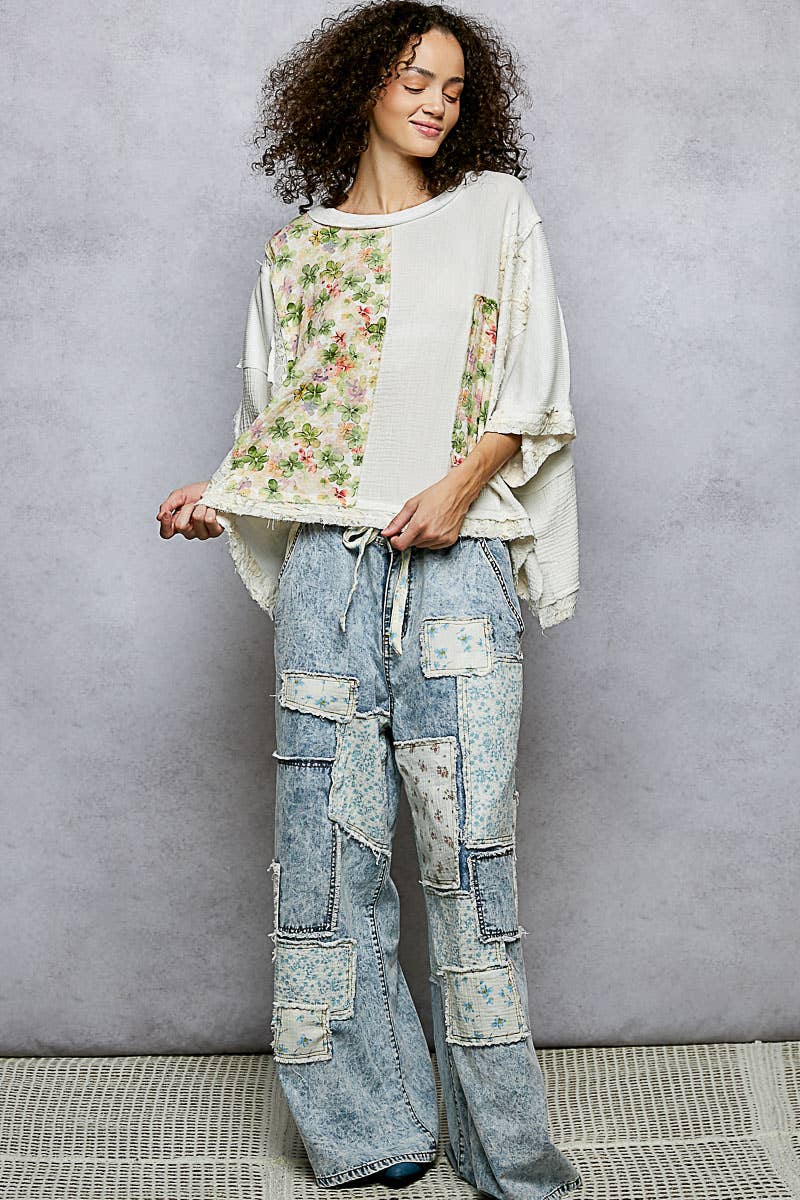 Round Neck Double Gauze Floral Woven Top