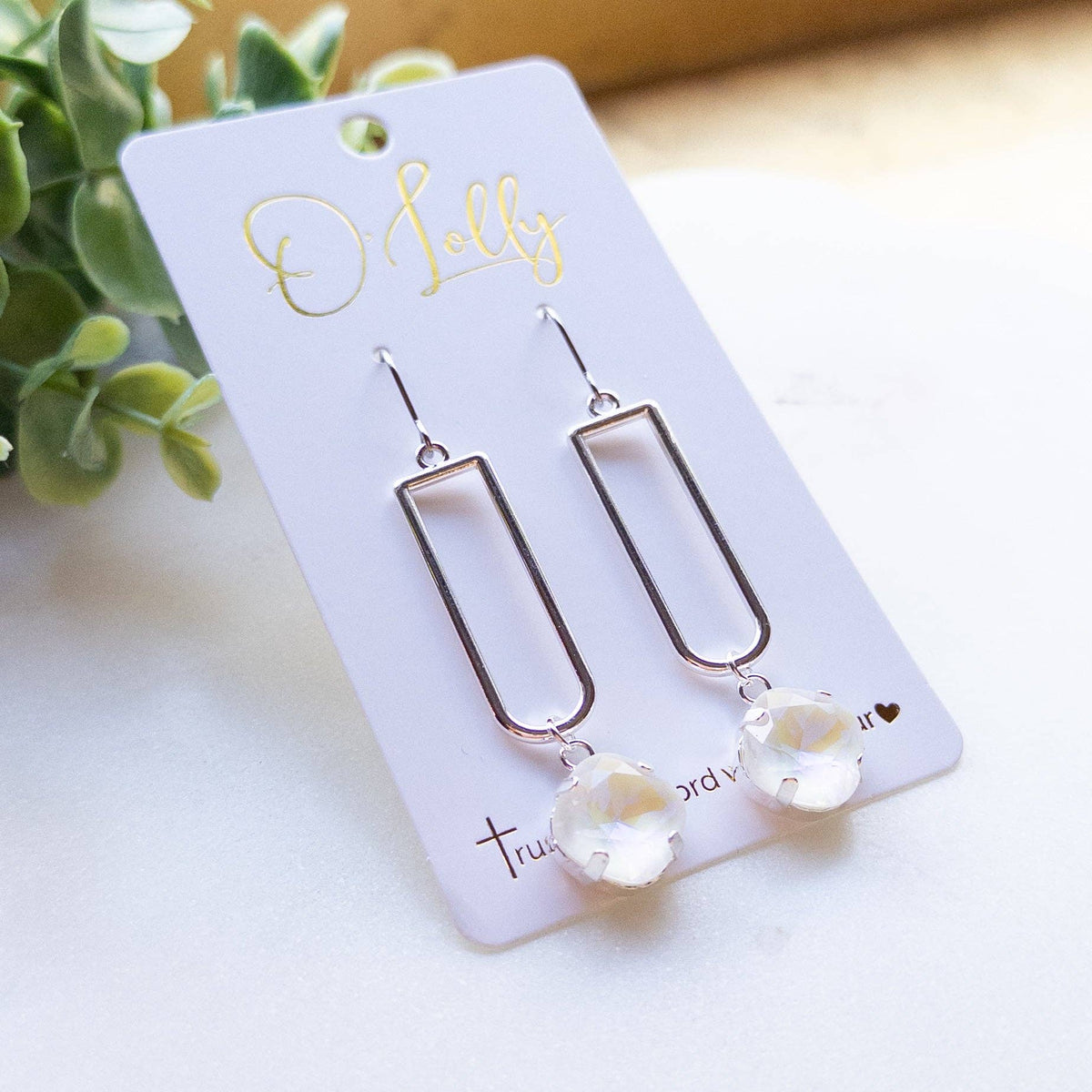 Silver Open Rectangle Crystal Drop Earrings