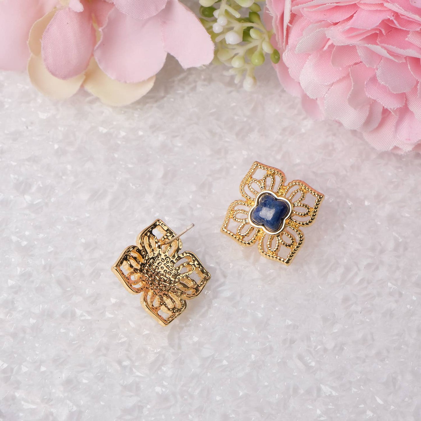 Vintage 18K Gold Plated Natural Lapis Lazuli Clover Earrings
