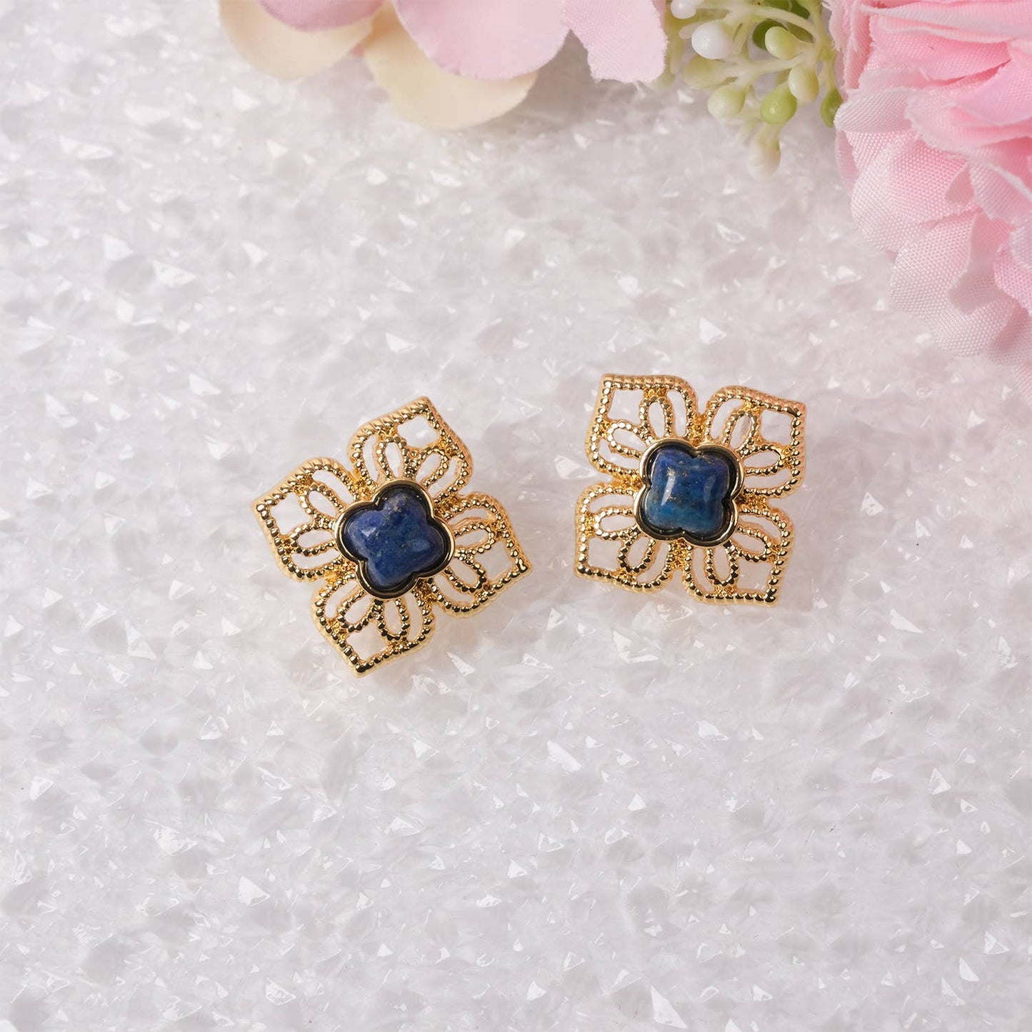 Vintage 18K Gold Plated Natural Lapis Lazuli Clover Earrings