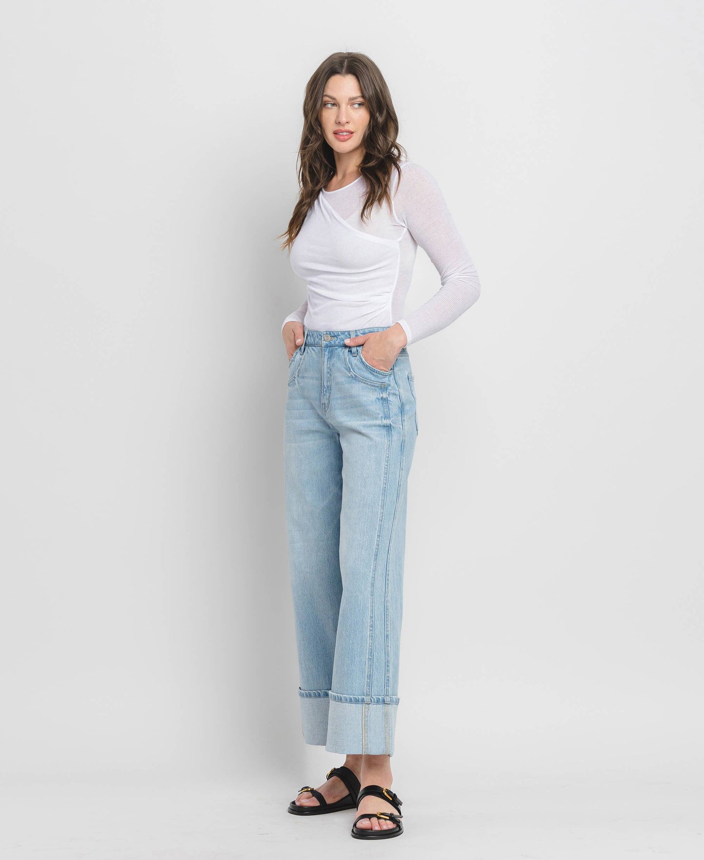Raising the Bar High Rise Cuffed Relaxed Fit Wide Leg Jeans