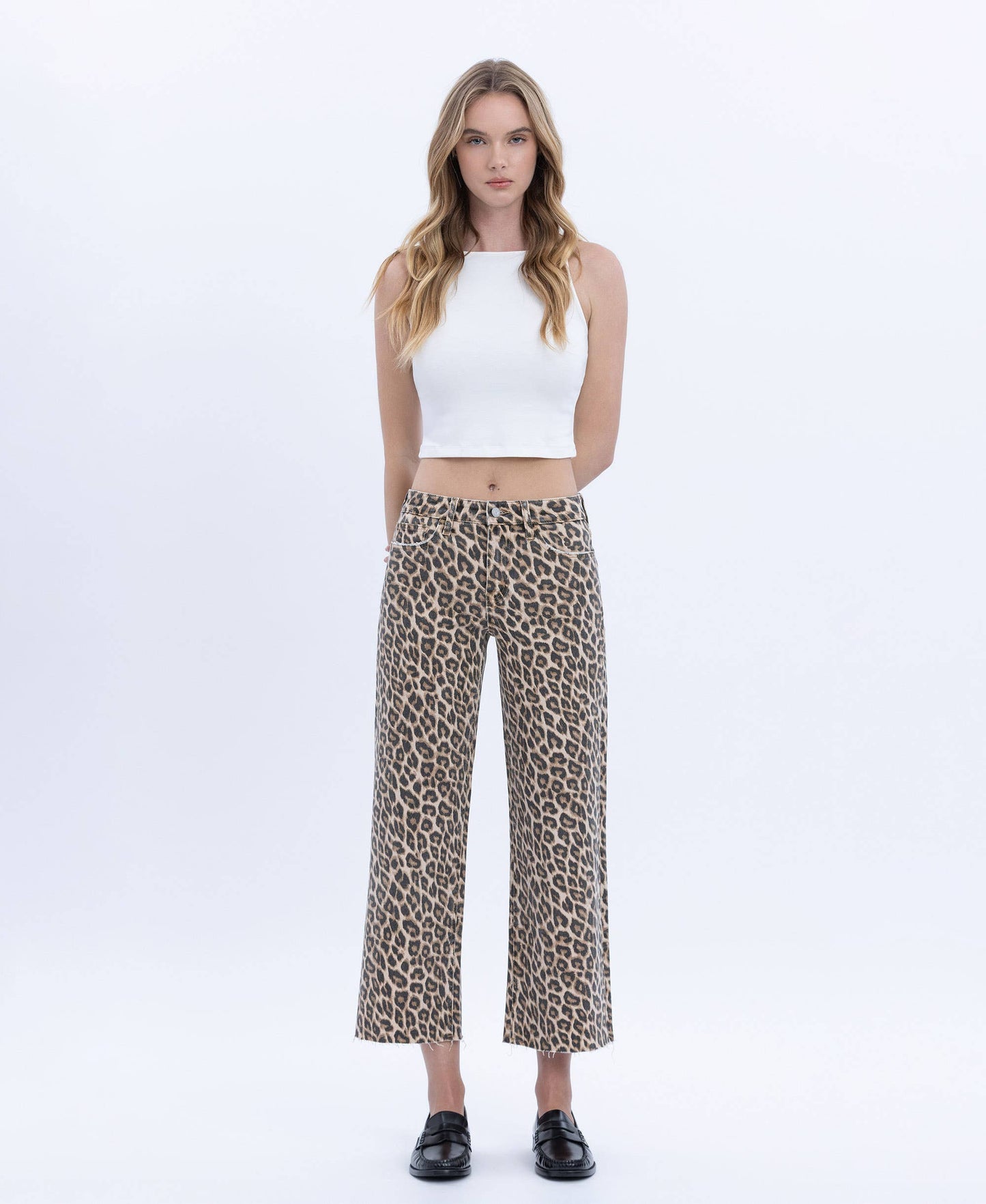 Faded Cheetah Girl Wide Leg High Rise Raw Hem Jean
