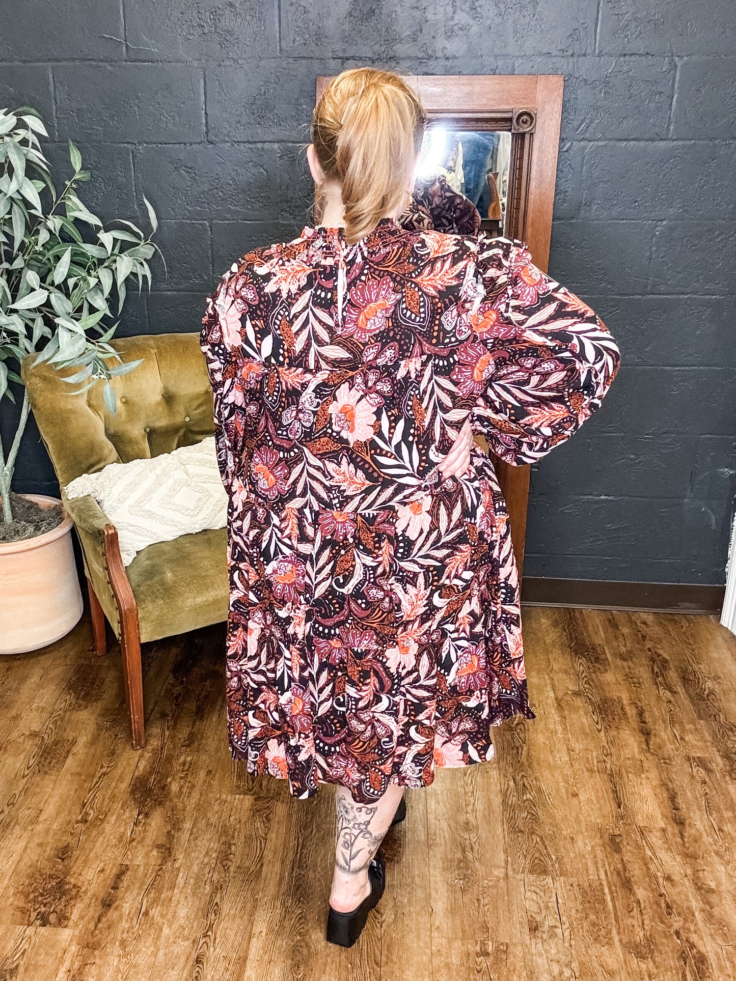 Rumors Plus Size Boho Print Long Sleeve Dress with Ruffle (1XL to 3XL)