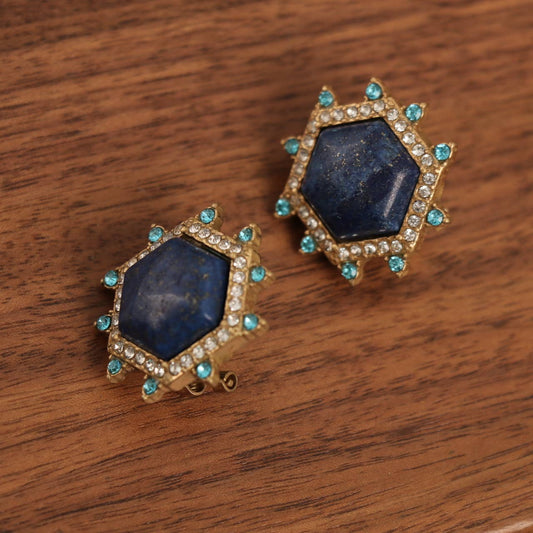 Vintage 18K Gold-Plated Lapis Lazuli and Crystal Earrings