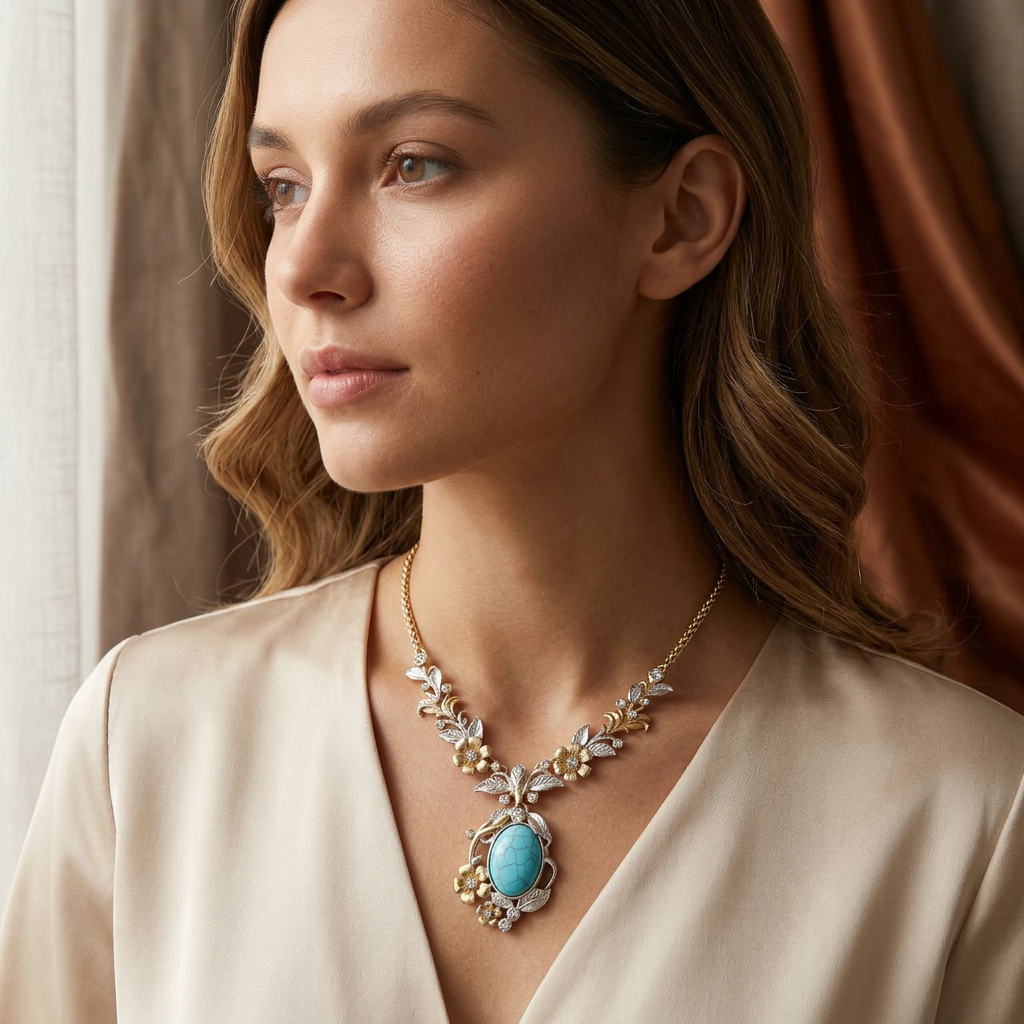Vintage 18K Gold Plated Turquoise Floral Pendant Necklace