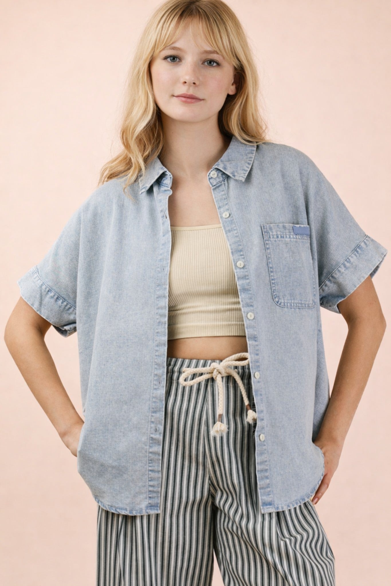 Country Breeze Chambray Button Front Top