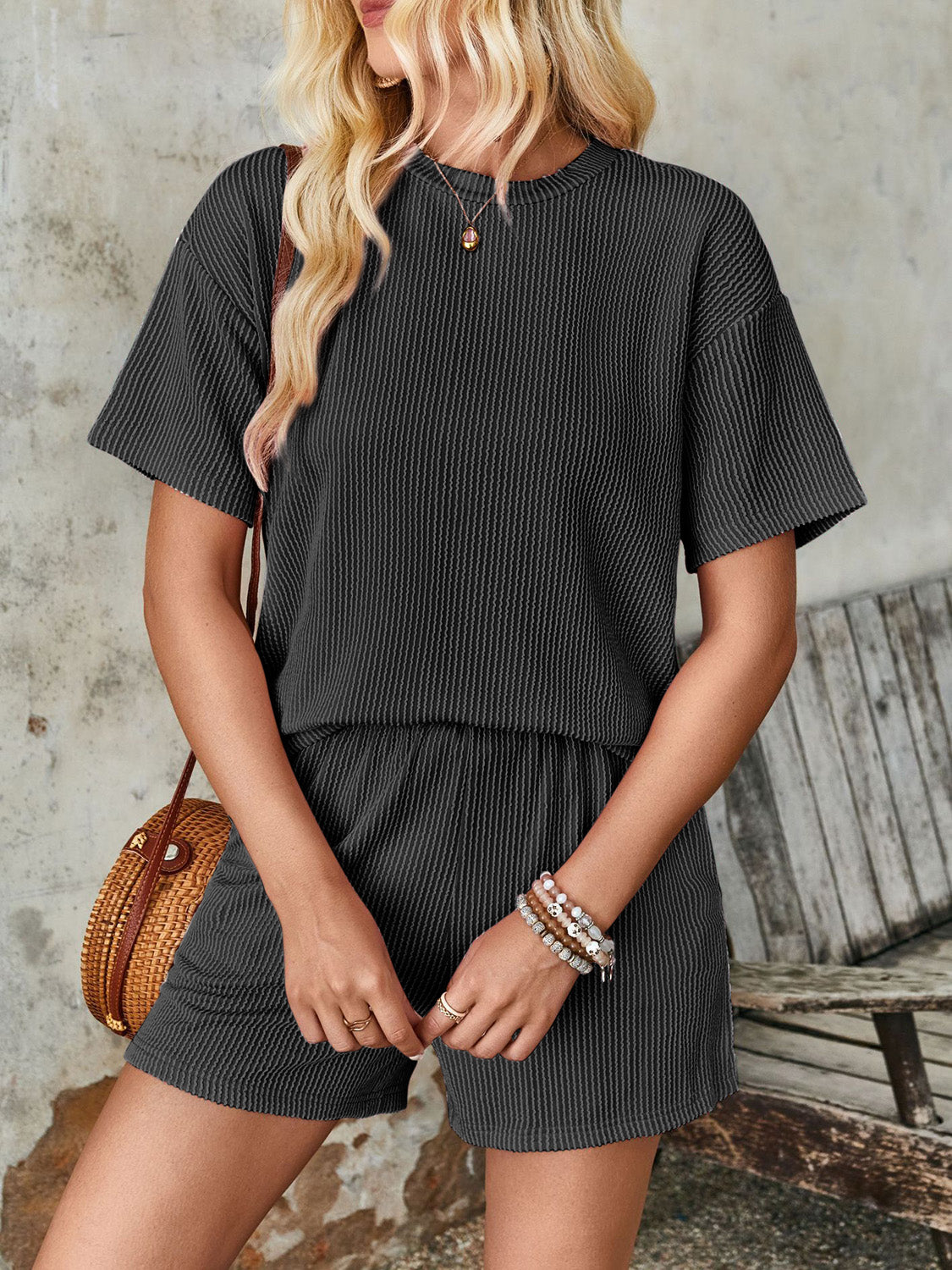 Textured Round Neck Short Sleeve Top and Shorts Set (4 color options)